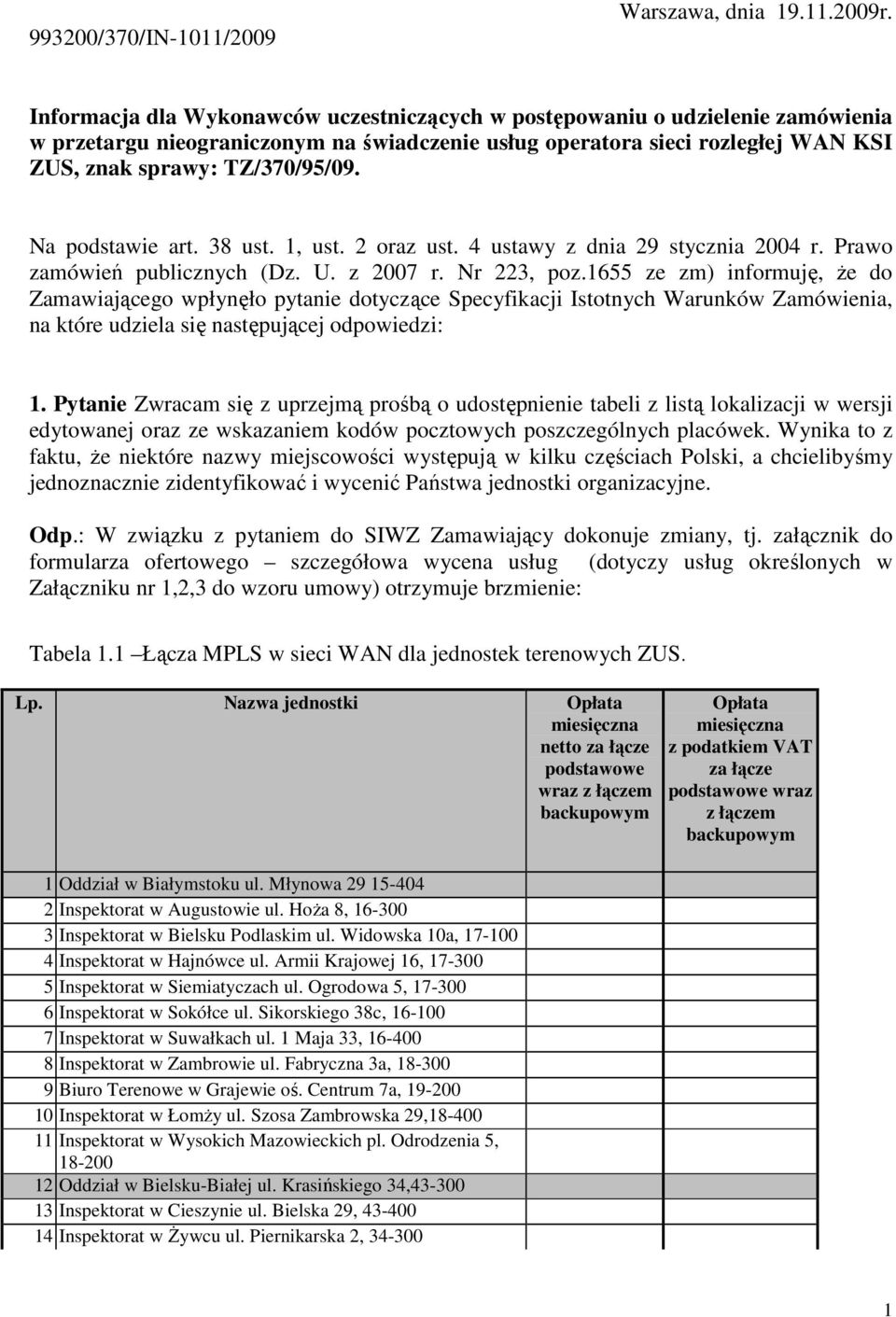 Na podstawie art. 38 ust. 1, ust. 2 oraz ust. 4 ustawy z dnia 29 stycznia 2004 r. Prawo zamówień publicznych (Dz. U. z 2007 r. Nr 223, poz.