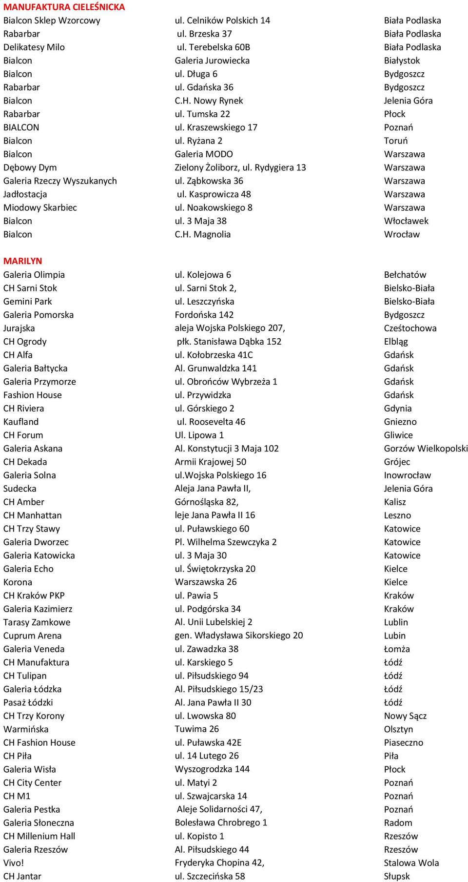 Tumska 22 Płock BIALCON ul. Kraszewskiego 17 Poznań Bialcon ul. Rуżana 2 Toruń Bialcon Galeria MODO Dębowy Dym Zielony Żoliborz, ul. Rydygiera 13 Galeria Rzeczy Wyszukanych ul.