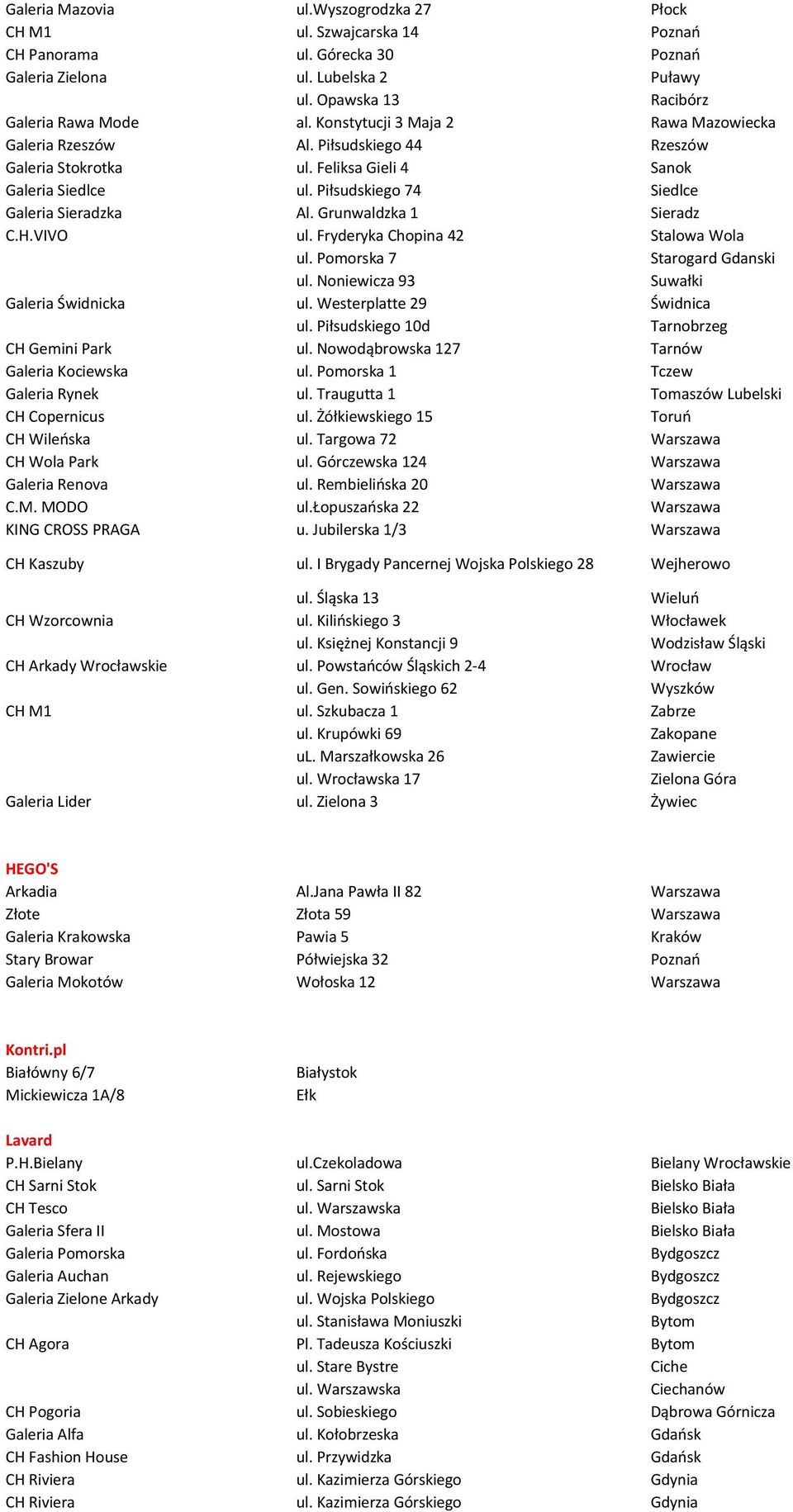 Grunwaldzka 1 Sieradz C.H.VIVO ul. Fryderyka Chopina 42 Stalowa Wola ul. Pomorska 7 Starogard Gdanski ul. Noniewicza 93 Suwałki Galeria Świdnicka ul. Westerplatte 29 Świdnica ul.