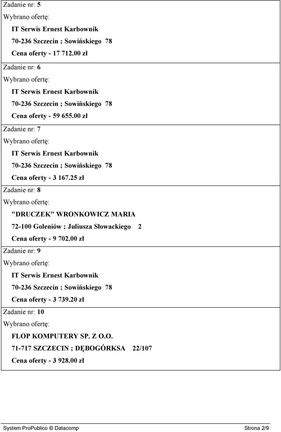 25 zł Zadanie nr: 8 "DRUCZEK" WRONKOWICZ ; Cena oferty - 9 702.