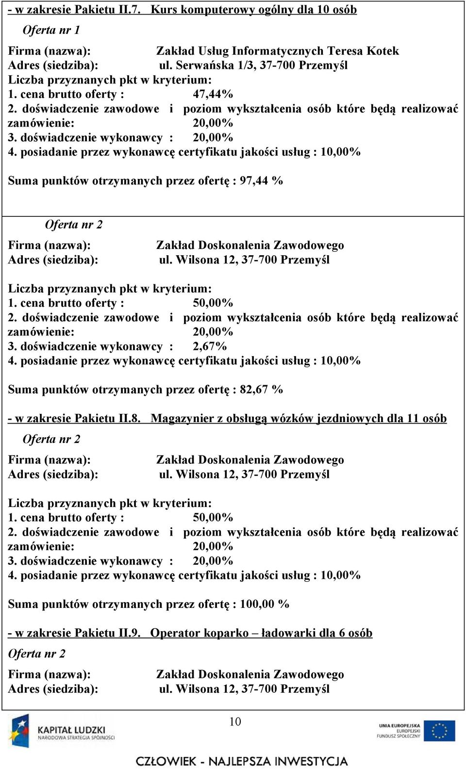 ul. Serwańska 1/3, 37-700 Przemyśl 1. cena brutto oferty : 47,44% Suma punktów otrzymanych przez ofertę : 97,44 % 3.