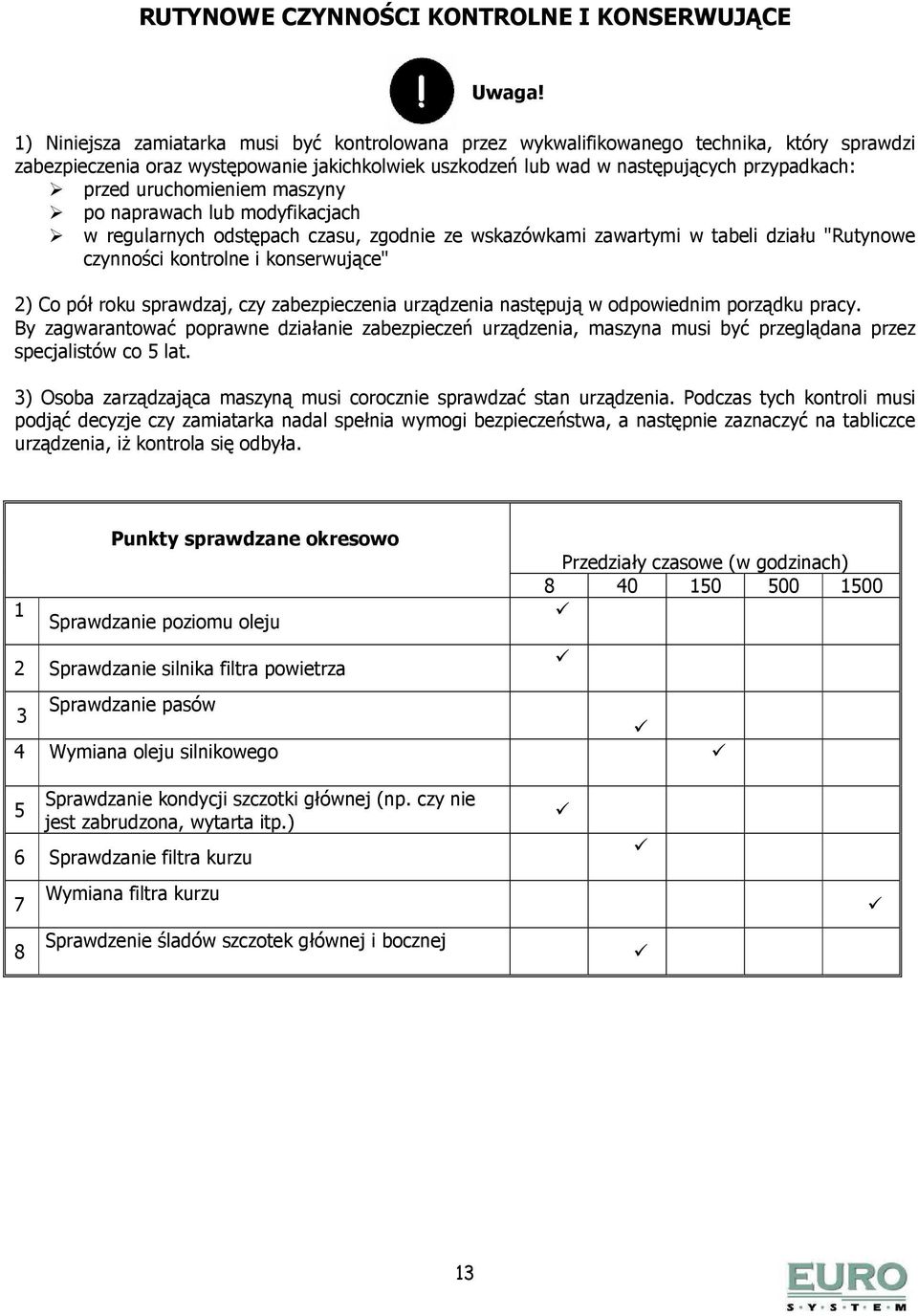 uruchomieniem maszyny po naprawach lub modyfikacjach w regularnych odstępach czasu, zgodnie ze wskazówkami zawartymi w tabeli działu "Rutynowe czynności kontrolne i konserwujące" 2) Co pół roku