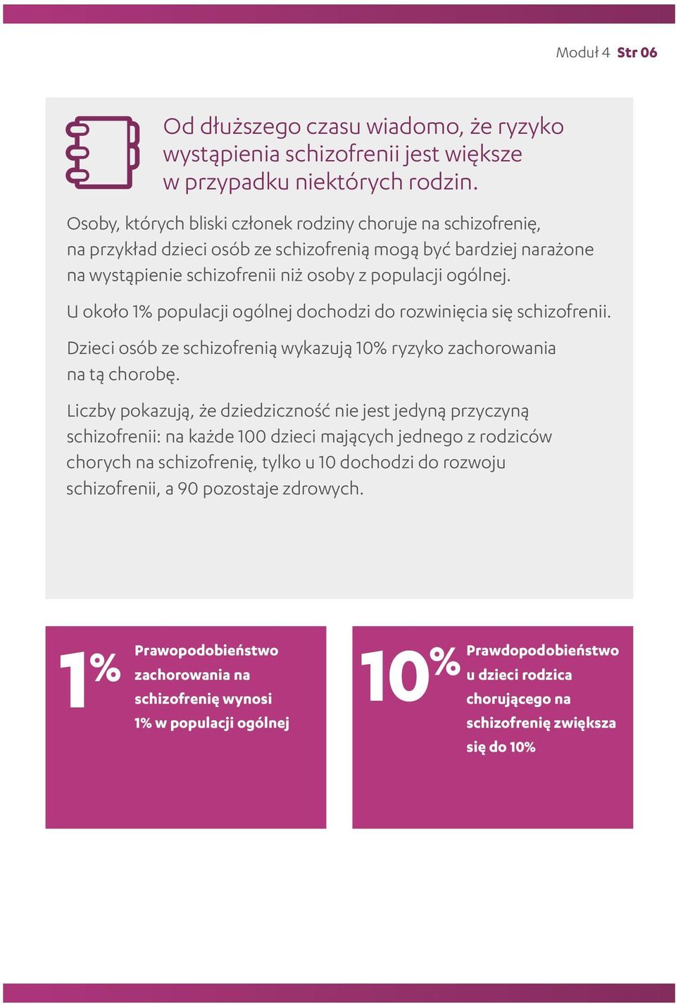 U około 1% populacji ogólnej dochodzi do rozwinięcia się schizofrenii. Dzieci osób ze schizofrenią wykazują 10% ryzyko zachorowania na tą chorobę.