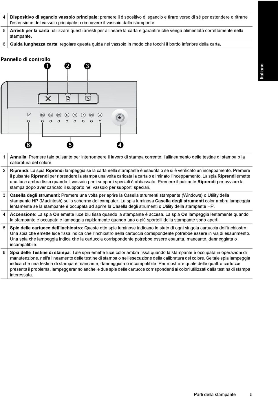 6 Guida lunghezza carta: regolare questa guida nel vassoio in modo che tocchi il bordo inferiore della carta.