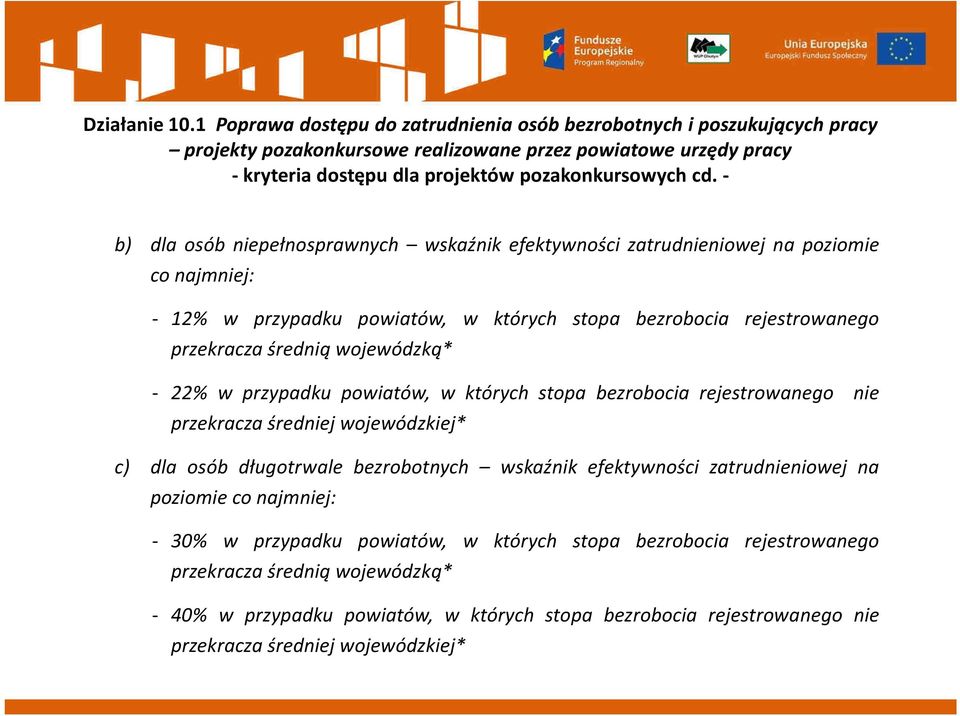 wojewódzką* - 22% w przypadku powiatów, w których stopa bezrobocia rejestrowanego nie przekracza średniej wojewódzkiej* c) dla osób długotrwale bezrobotnych wskaźnik efektywności