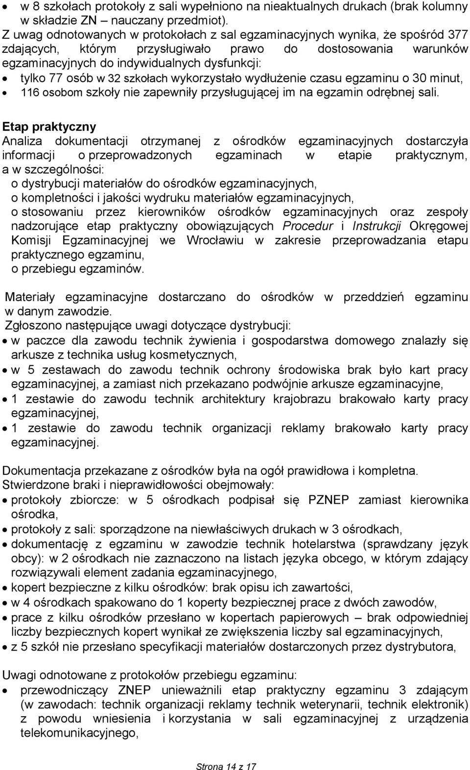 osób w 32 szkołach wykorzystało wydłużenie czasu egzaminu o 30 minut, 116 osobom szkoły nie zapewniły przysługującej im na egzamin odrębnej sali.