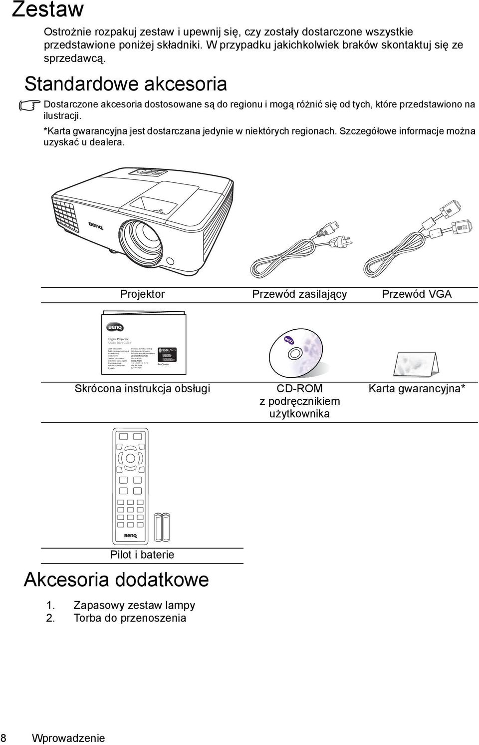 W przypadku jakichkolwiek braków skontaktuj się ze sprzedawcą. Standardowe akcesoria Dostarczone akcesoria dostosowane są do regionu i mogą różnić się od tych, które przedstawiono na ilustracji.