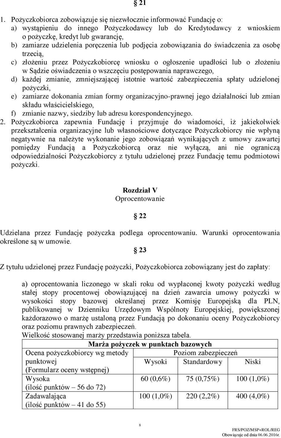 postępowania naprawczego, d) każdej zmianie, zmniejszającej istotnie wartość zabezpieczenia spłaty udzielonej pożyczki, e) zamiarze dokonania zmian formy organizacyjno-prawnej jego działalności lub