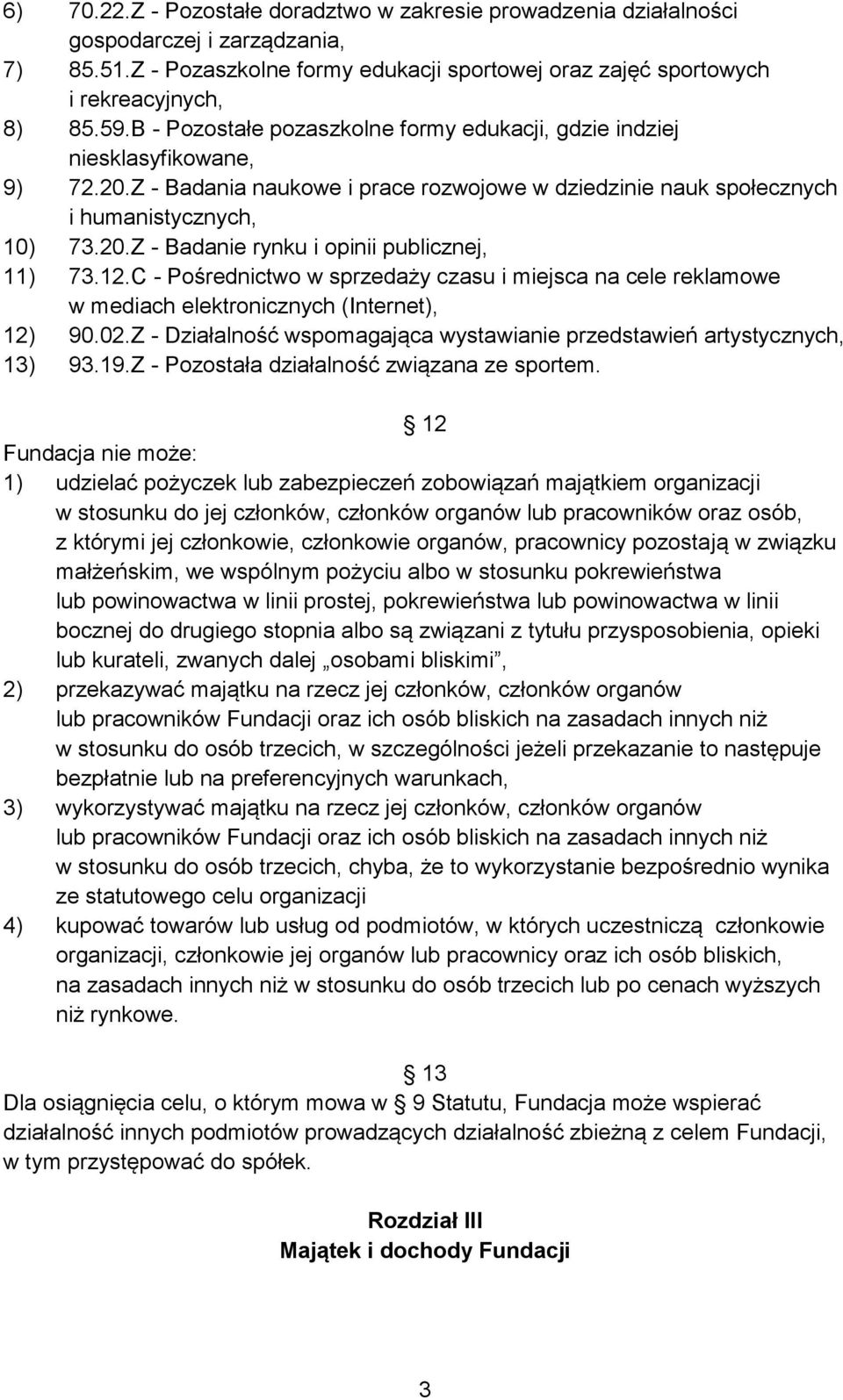 12.C - Pośrednictwo w sprzedaży czasu i miejsca na cele reklamowe w mediach elektronicznych (Internet), 12) 90.02.Z - Działalność wspomagająca wystawianie przedstawień artystycznych, 13) 93.19.