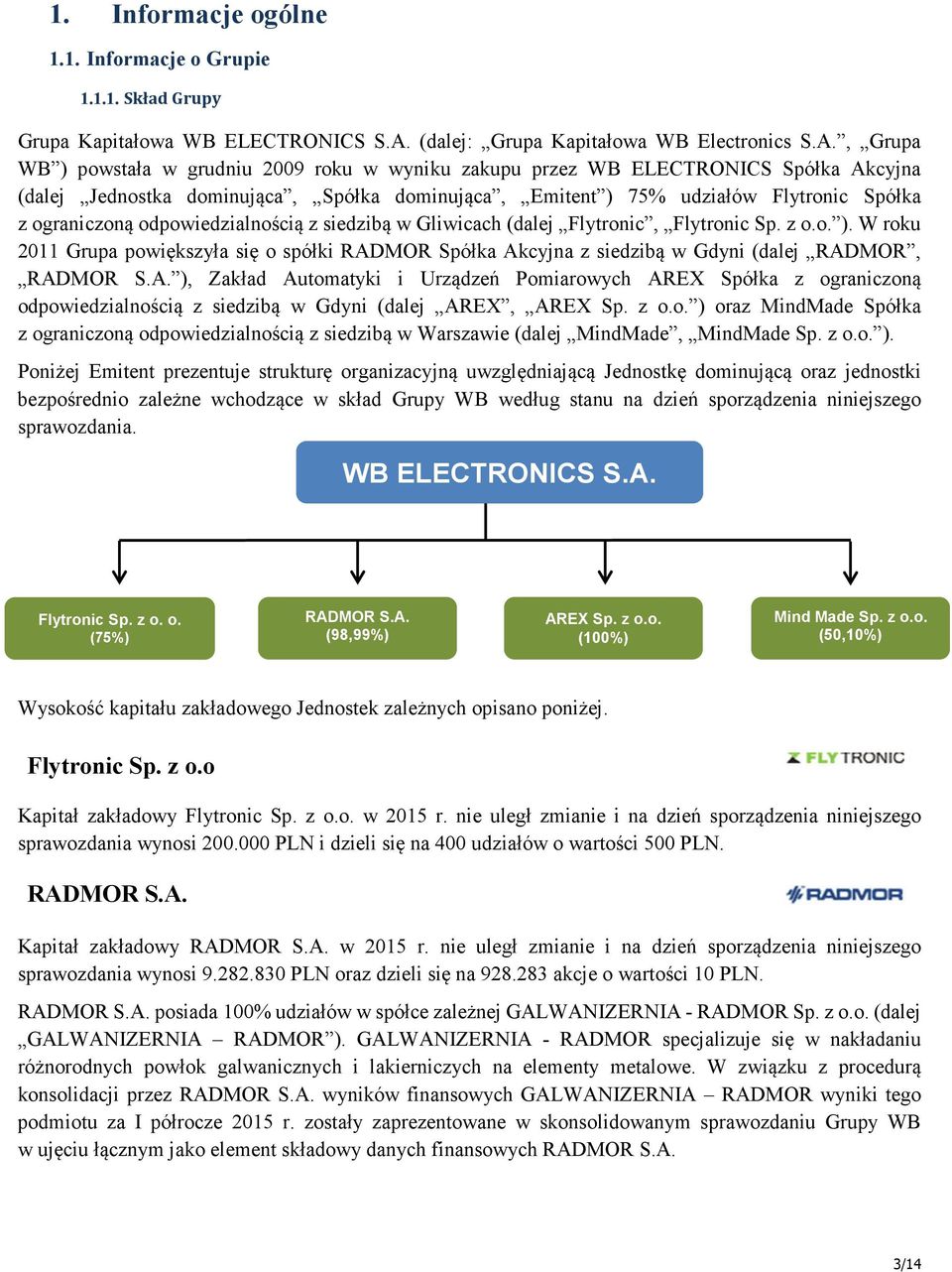 , Grupa WB ) powstała w grudniu 2009 roku w wyniku zakupu przez WB ELECTRONICS Spółka Akcyjna (dalej Jednostka dominująca, Spółka dominująca, Emitent ) 75% udziałów Flytronic Spółka z ograniczoną