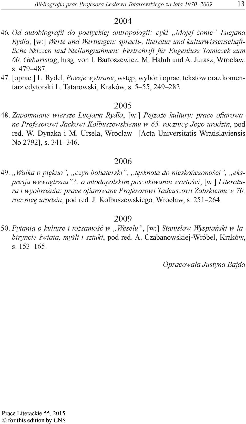 Eugeniusz Tomiczek zum 60. Geburtstag, hrsg. von I. Bartoszewicz, M. Hałub und A. Jurasz, Wrocław, s. 479 487. 47. [oprac.] L. Rydel, Poezje wybrane, wstęp, wybór i oprac.