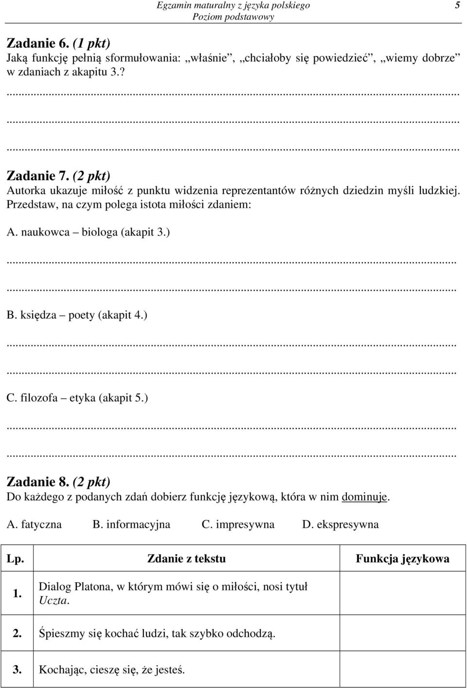 księdza poety (akapit 4.) C. filozofa etyka (akapit 5.) Zadanie 8. (2 pkt) Do każdego z podanych zdań dobierz funkcję językową, która w nim dominuje. A. fatyczna B. informacyjna C.