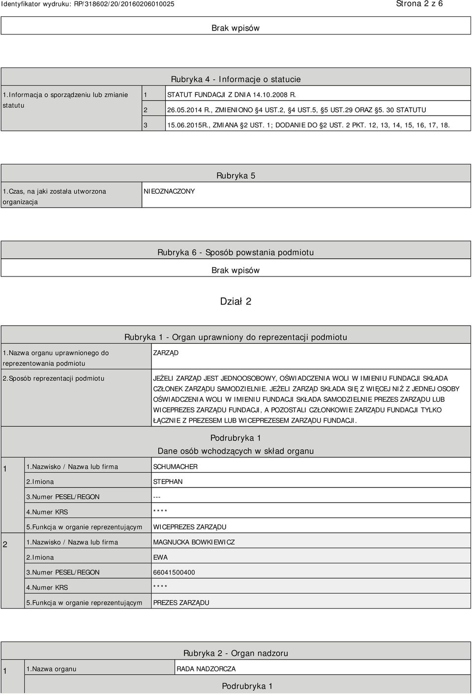 Czas, na jaki została utworzona organizacja NIEOZNACZONY Rubryka 6 - Sposób powstania podmiotu Dział 2 Rubryka 1 - Organ uprawniony do reprezentacji podmiotu 1.