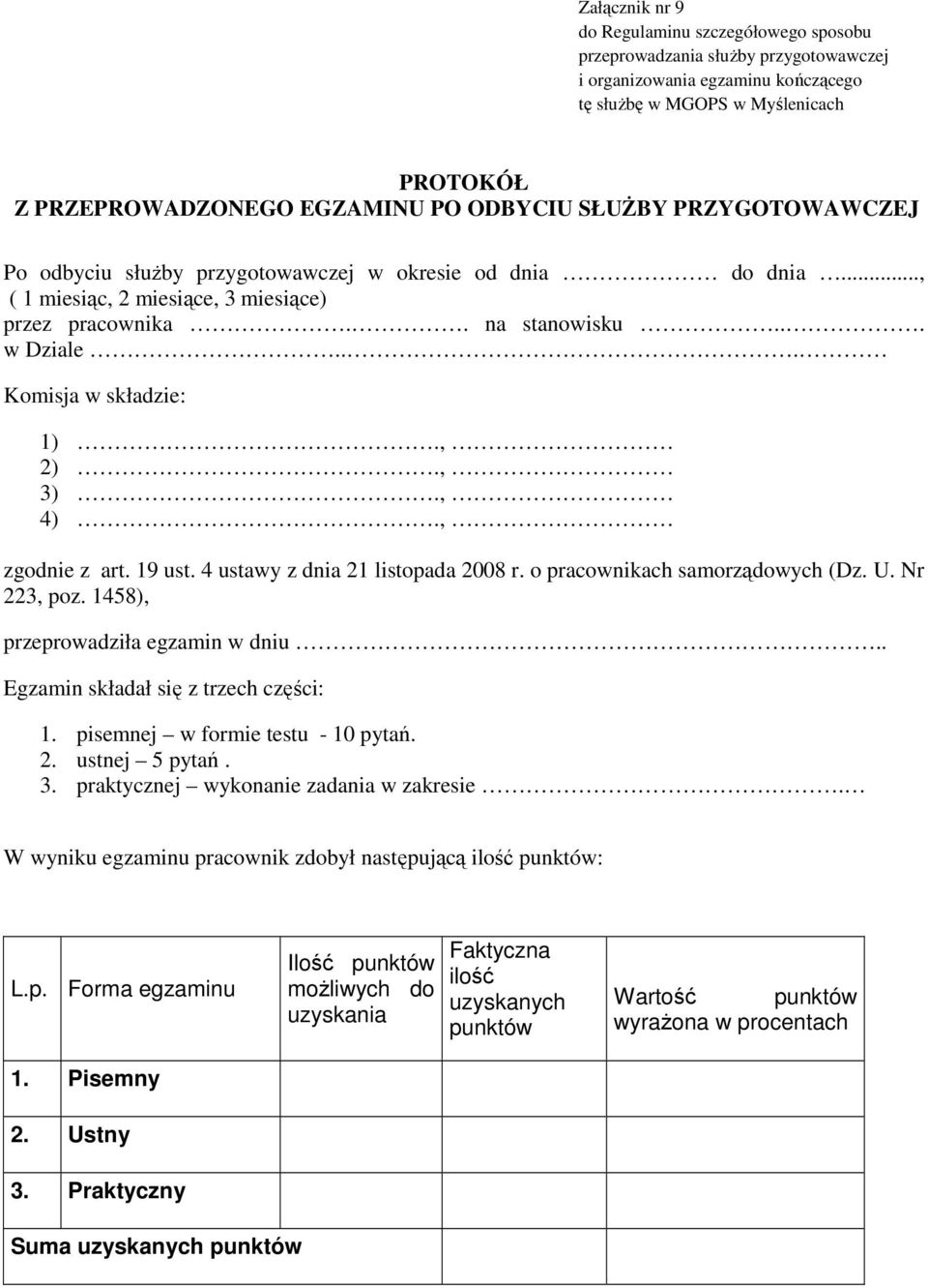 .. Komisja w składzie: 1)., 2)., 3)., 4)., zgodnie z art. 19 ust. 4 ustawy z dnia 21 listopada 2008 r. o pracownikach samorządowych (Dz. U. Nr 223, poz. 1458), przeprowadziła egzamin w dniu.