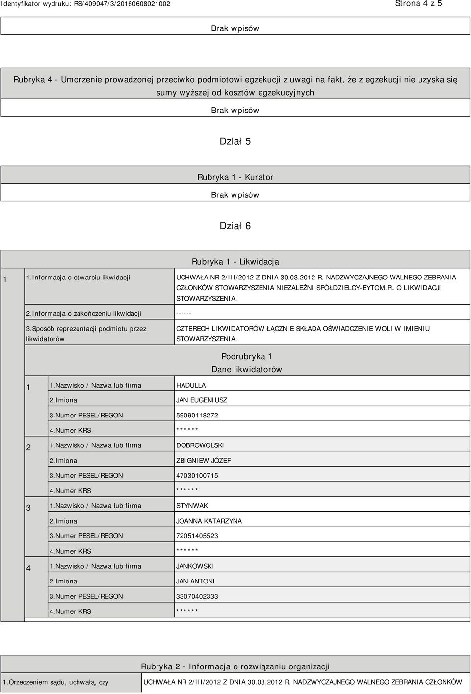 PL O LIKWIDACJI 2.Informacja o zakończeniu likwidacji ------ STOWARZYSZENIA. 3.