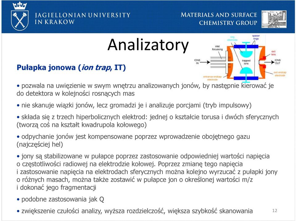 jonów jest kompensowane poprzez wprowadzenie obojętnego gazu (najczęściej hel) jony są stabilizowane w pułapce poprzez zastosowanie odpowiedniej wartości napięcia o częstotliwości radiowej na