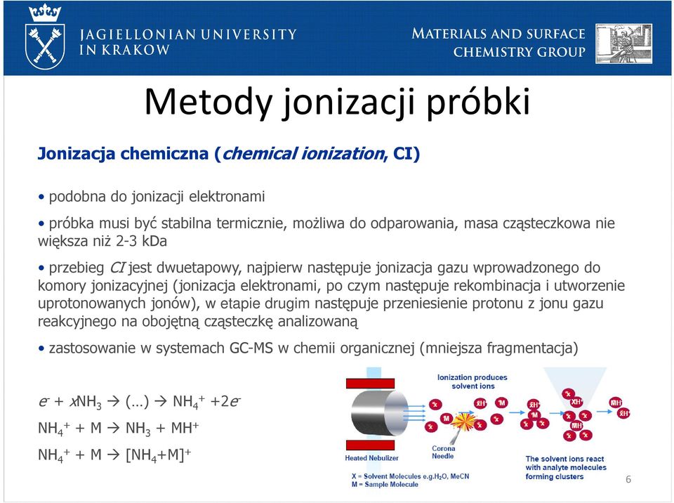 elektronami, po czym następuje rekombinacja i utworzenie uprotonowanych jonów), w etapie drugim następuje przeniesienie protonu z jonu gazu reakcyjnego na obojętną