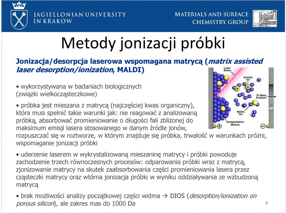 emisji lasera stosowanego w danym źródle jonów, rozpuszczać się w roztworze, w którym znajduje się próbka, trwałość w warunkach próżni, wspomaganie jonizacji próbki uderzenie laserem w