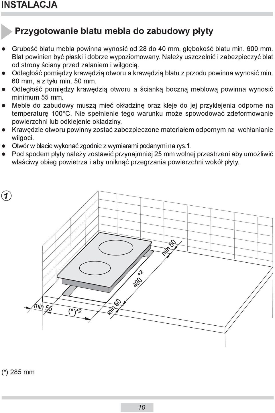 Odległość pomiędzy krawędzią otworu a ścianką boczną meblową powinna wynosić minimum 55 mm.