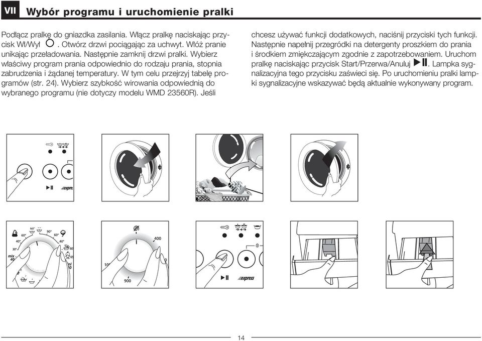 Wybierz szybkoêç wirowania odpowiednià do wybranego programu (nie dotyczy modelu WMD 23560R). JeÊli chcesz u ywaç funkcji dodatkowych, naciênij przyciski tych funkcji.