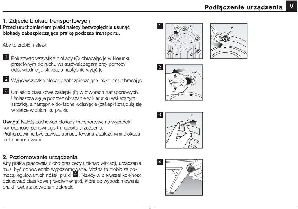Wyjàç wszystkie blokady zabezpieczajàce lekko nimi obracajàc. 2 3 UmieÊciç plastikowe zaêlepki (P) w otworach transportowych.