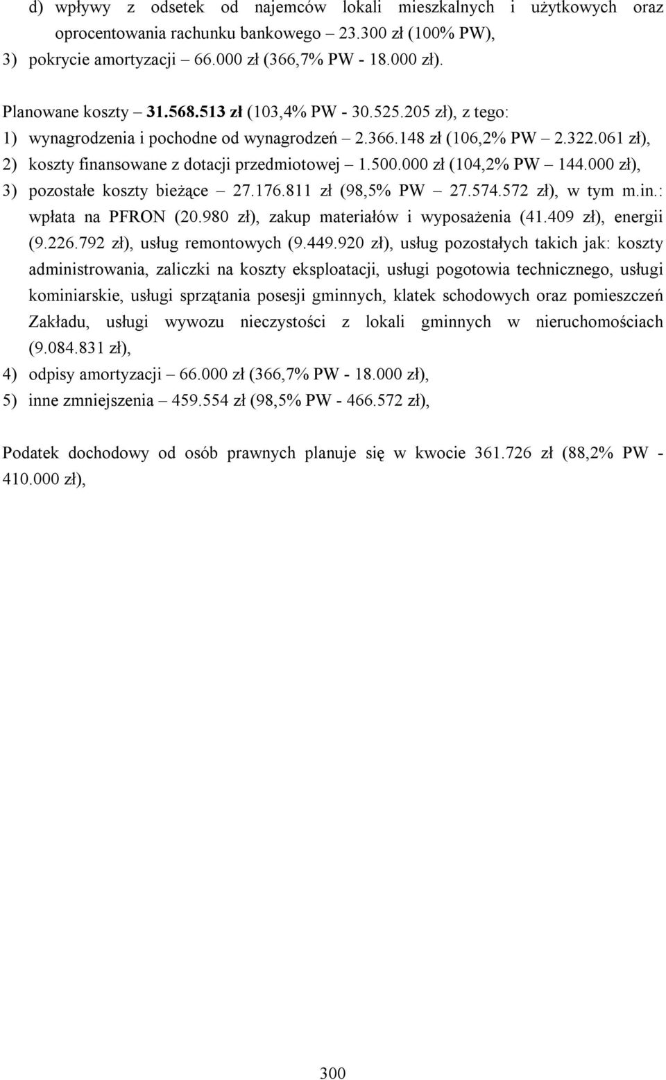 500.000 zł (104,2% PW 144.000 zł), 3) pozostałe koszty bieżące 27.176.811 zł (98,5% PW 27.574.572 zł), w tym m.in.: wpłata na PFRON (20.980 zł), zakup materiałów i wyposażenia (41.409 zł), energii (9.