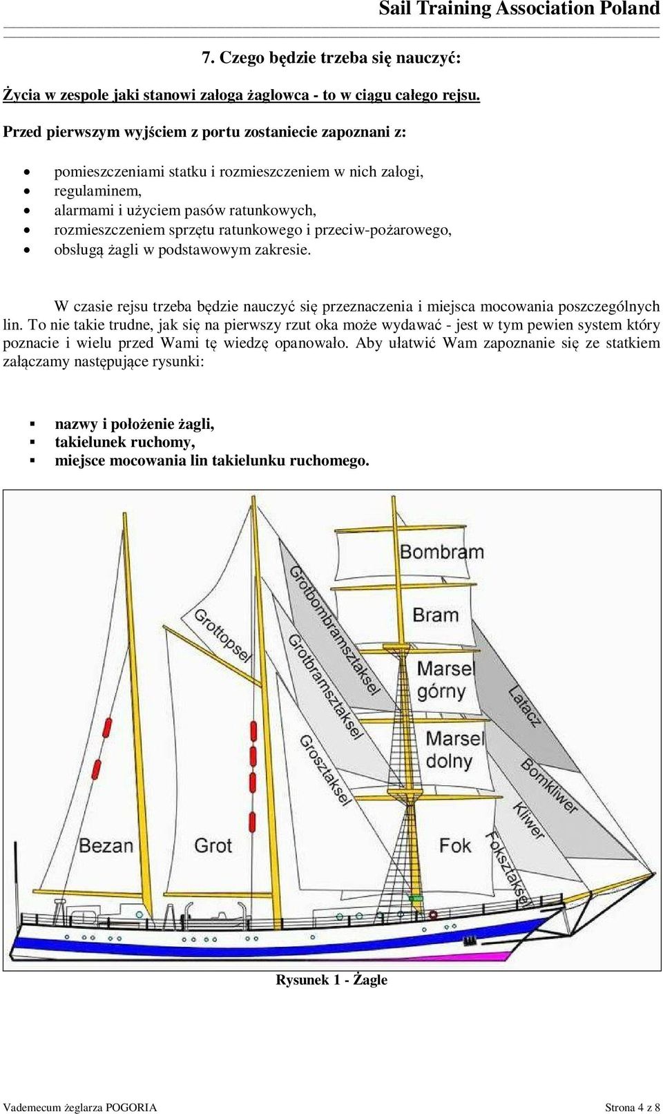 ratunkowego i przeciw-pożarowego, obsługą żagli w podstawowym zakresie. W czasie rejsu trzeba będzie nauczyć się przeznaczenia i miejsca mocowania poszczególnych lin.