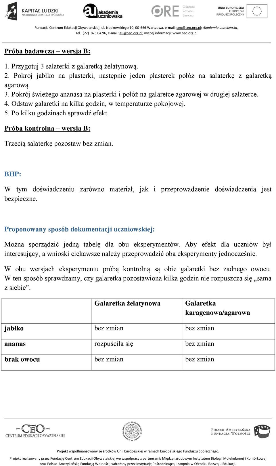 BHP: W tym doświadczeniu zarówno materiał, jak i przeprowadzenie doświadczenia jest bezpieczne. Proponowany sposób dokumentacji uczniowskiej: Można sporządzić jedną tabelę dla obu eksperymentów.