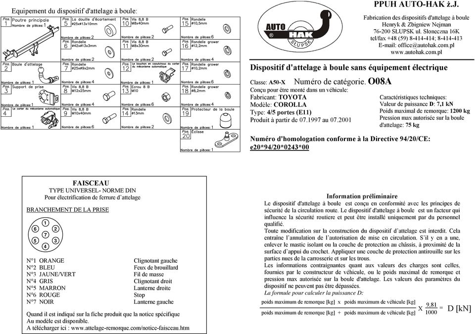 O08A Conçu pour être monté dans un véhicule: Fabricant: TOYOTA Modèle: COROLLA Type: / portes (E) Produit à partir de 0. au 0.