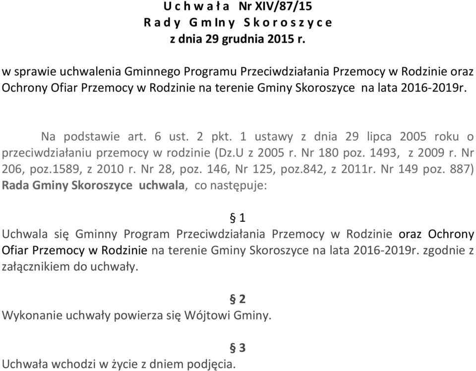 1 ustawy z dnia 29 lipca 2005 roku o przeciwdziałaniu przemocy w rodzinie (Dz.U z 2005 r. Nr 180 poz. 1493, z 2009 r. Nr 206, poz.1589, z 2010 r. Nr 28, poz. 146, Nr 125, poz.842, z 2011r. Nr 149 poz.