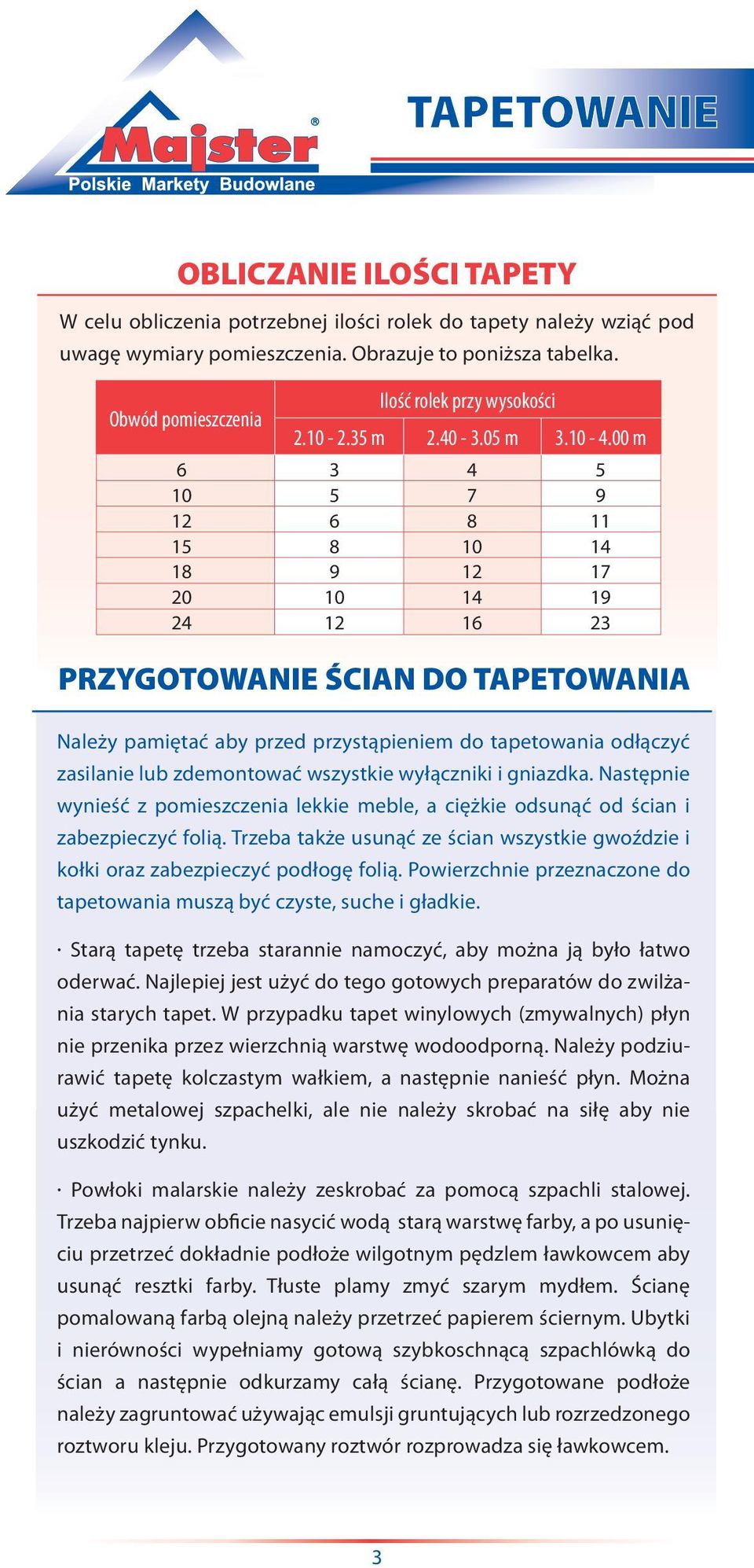 00 m 3 5 6 8 9 10 12 4 7 8 10 12 14 16 5 9 11 14 17 19 23 PRZYGOTOWANIE ŚCIAN DO TAPETOWANIA Należy pamiętać aby przed przystąpieniem do tapetowania odłączyć zasilanie lub zdemontować wszystkie