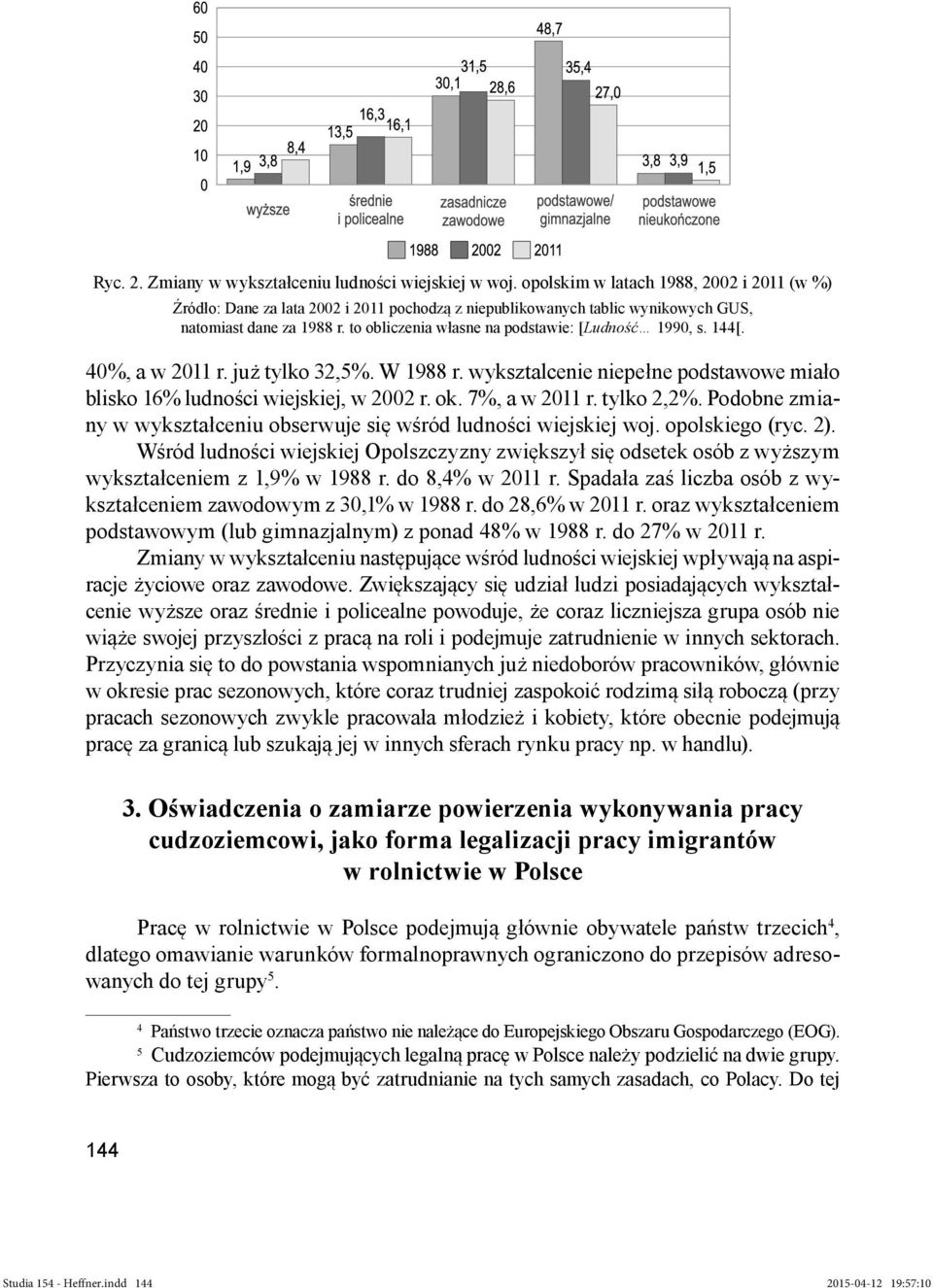 to obliczenia własne na podstawie: [Ludność 1990, s. 144[. 40%, a w 2011 r. już tylko 32,5%. W 1988 r. wyksztalcenie niepełne podstawowe miało blisko 16% ludności wiejskiej, w 2002 r. ok.