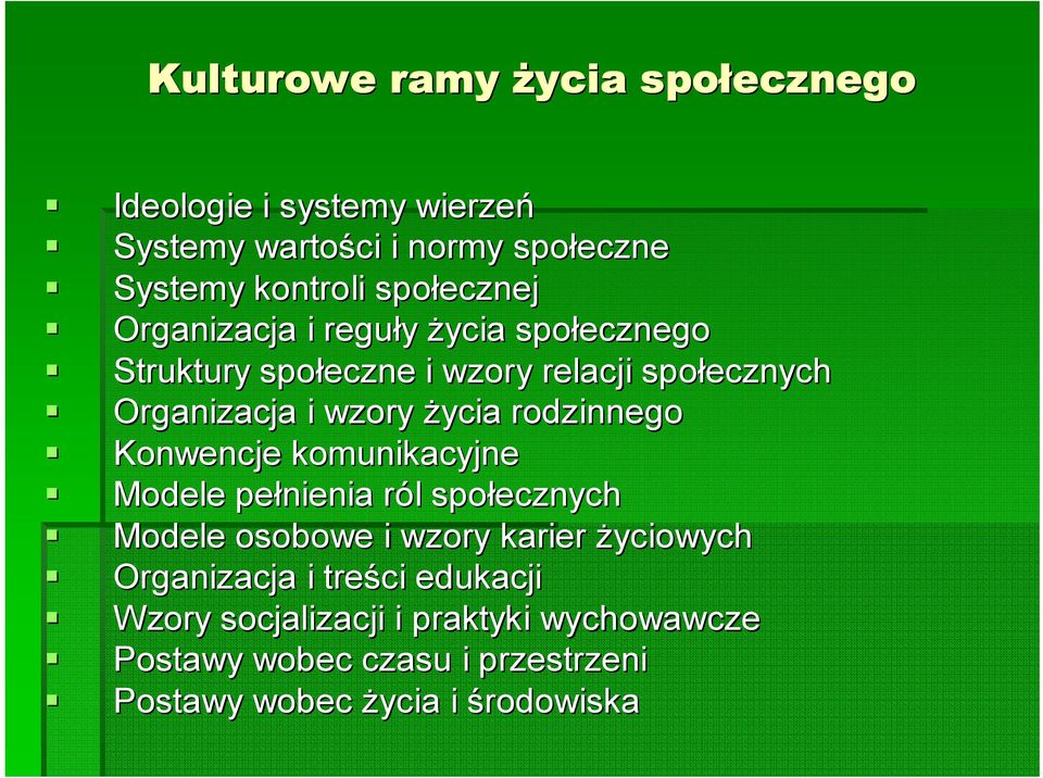 życia rodzinnego Konwencje komunikacyjne Modele pełnienia ról r l społecznych Modele osobowe i wzory karier życiowych