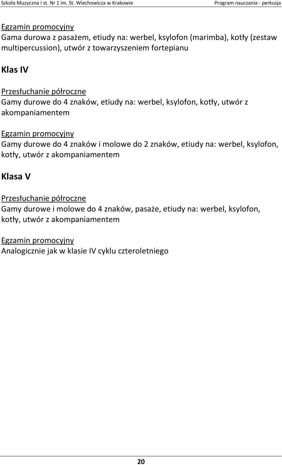 do 4 znaków i molowe do 2 znaków, etiudy na: werbel, ksylofon, kotły, utwór z akompaniamentem Klasa V Przesłuchanie półroczne Gamy durowe i molowe