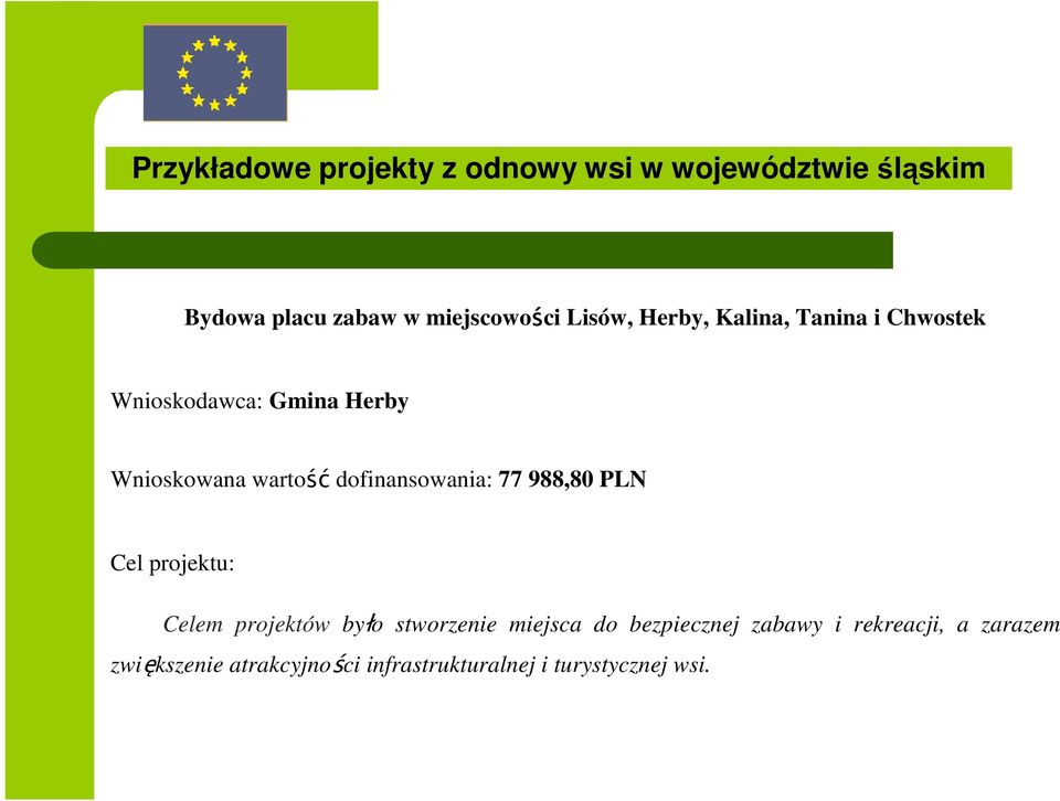 dofinansowania: 77 988,80 PLN Cel projektu: zwi Celem projektów by kszenie atrakcyjno o