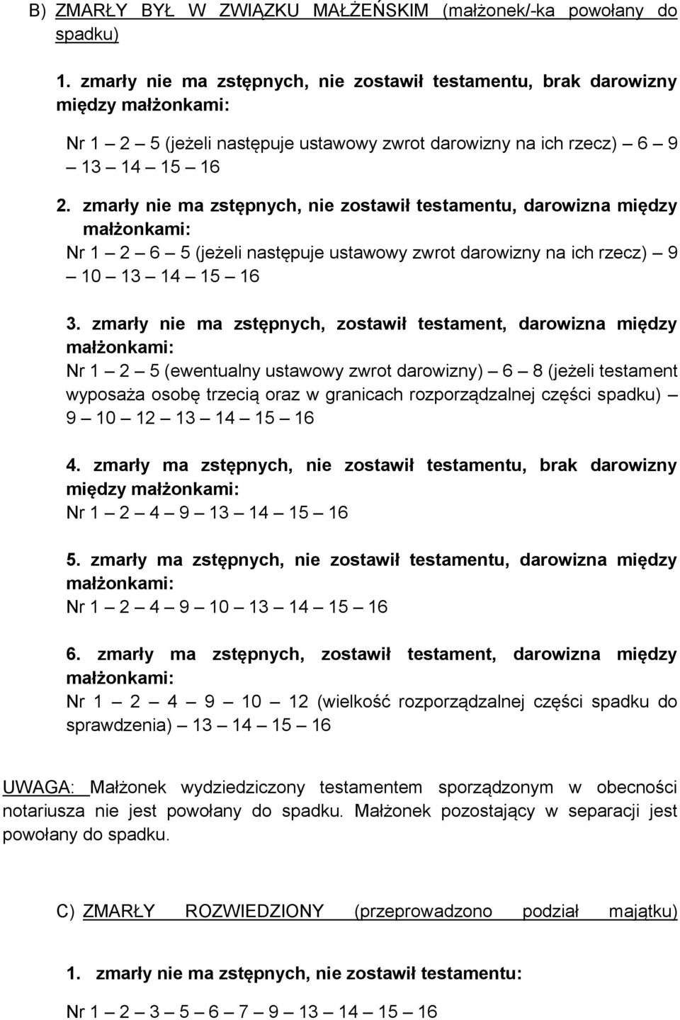 zmarły nie ma zstępnych, nie zostawił testamentu, darowizna między małżonkami: Nr 1 2 6 5 (jeżeli następuje ustawowy zwrot darowizny na ich rzecz) 9 10 13 14 15 16 3.