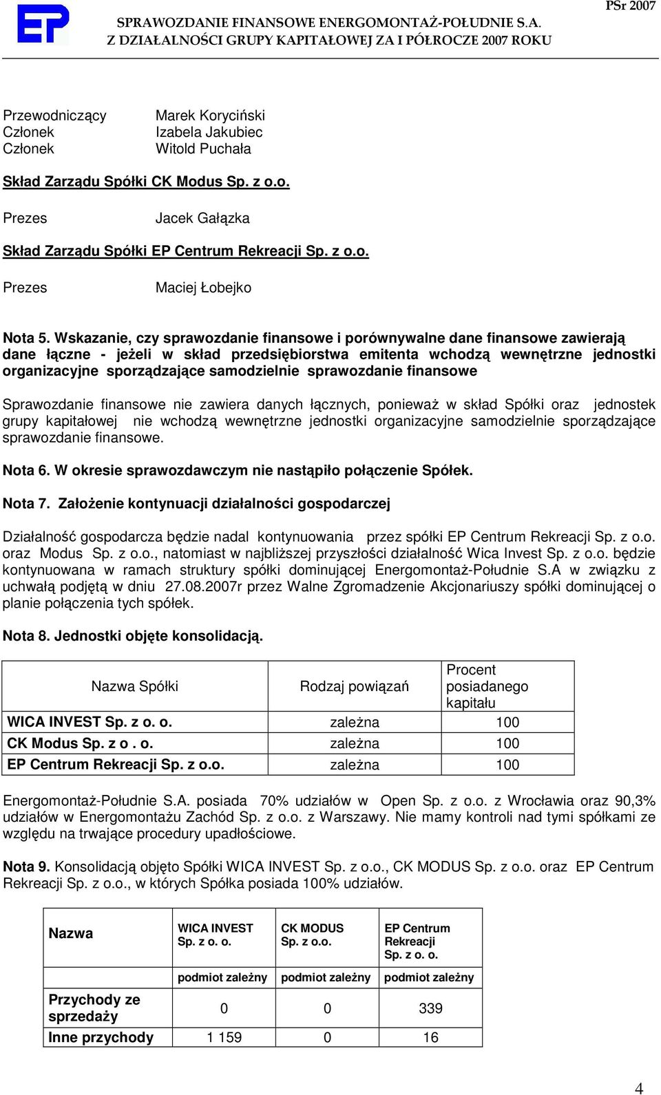 samodzielnie sprawozdanie finansowe Sprawozdanie finansowe nie zawiera danych łącznych, poniewaŝ w skład Spółki oraz jednostek grupy kapitałowej nie wchodzą wewnętrzne jednostki organizacyjne