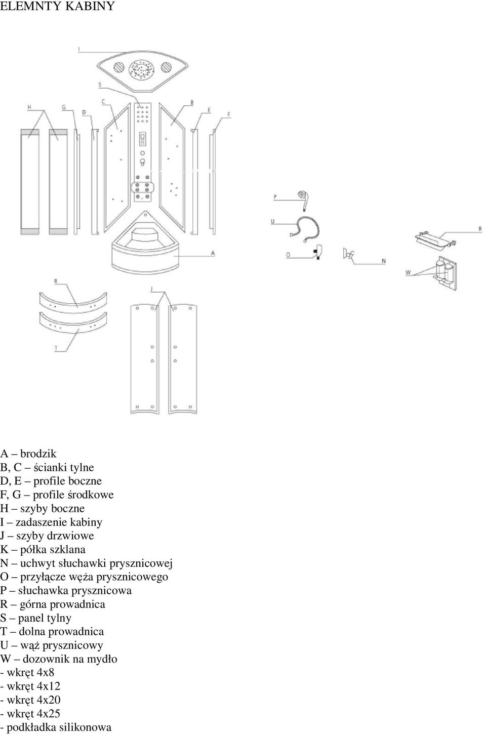 węŝa prysznicowego P słuchawka prysznicowa R górna prowadnica S panel tylny T dolna prowadnica U wąŝ