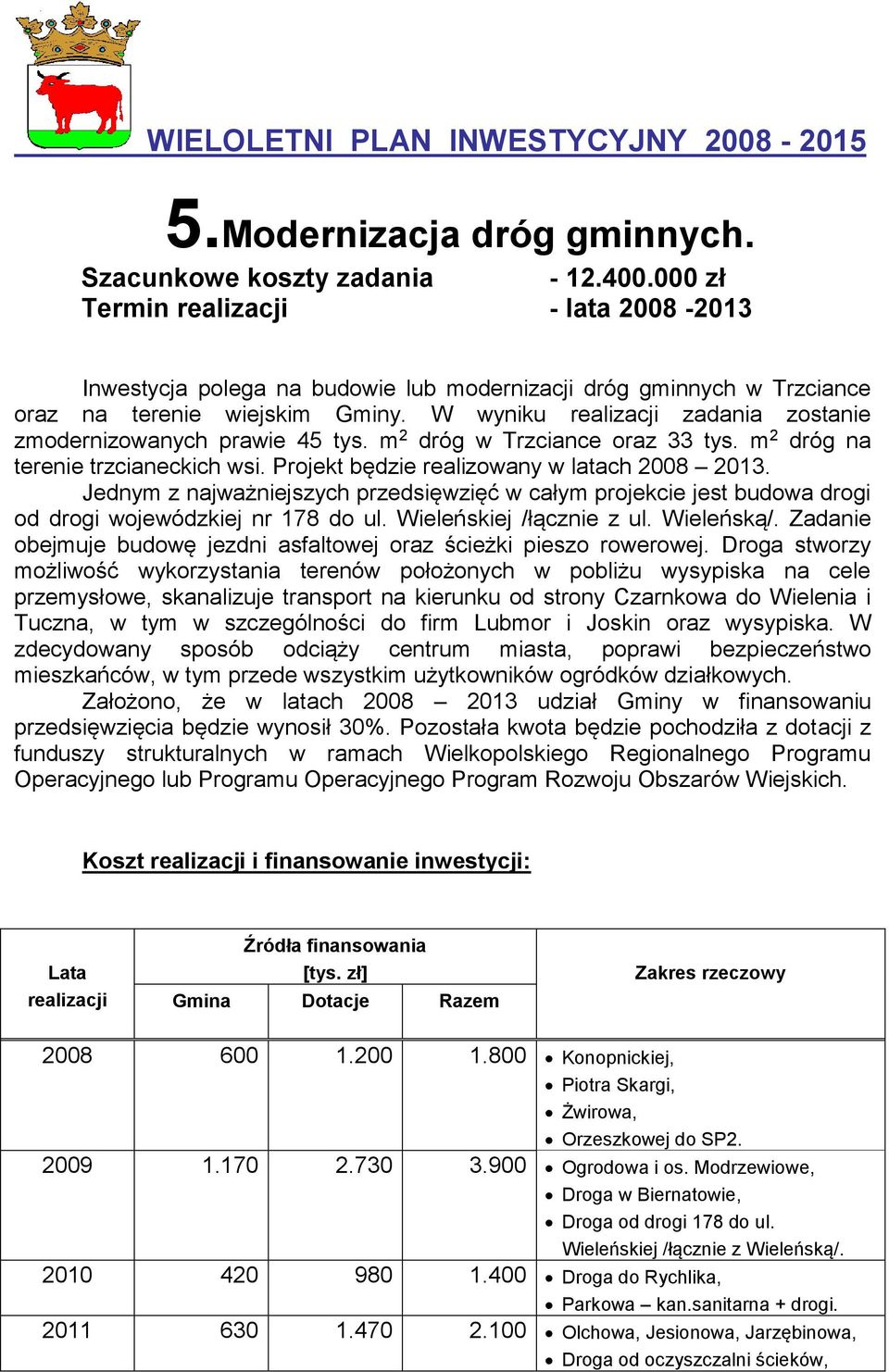 Jednym z najważniejszych przedsięwzięć w całym projekcie jest budowa drogi od drogi wojewódzkiej nr 178 do ul. Wieleńskiej /łącznie z ul. Wieleńską/.