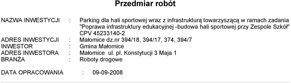 45233140-2 ADRES INWESTYCJI : Małomice dz.