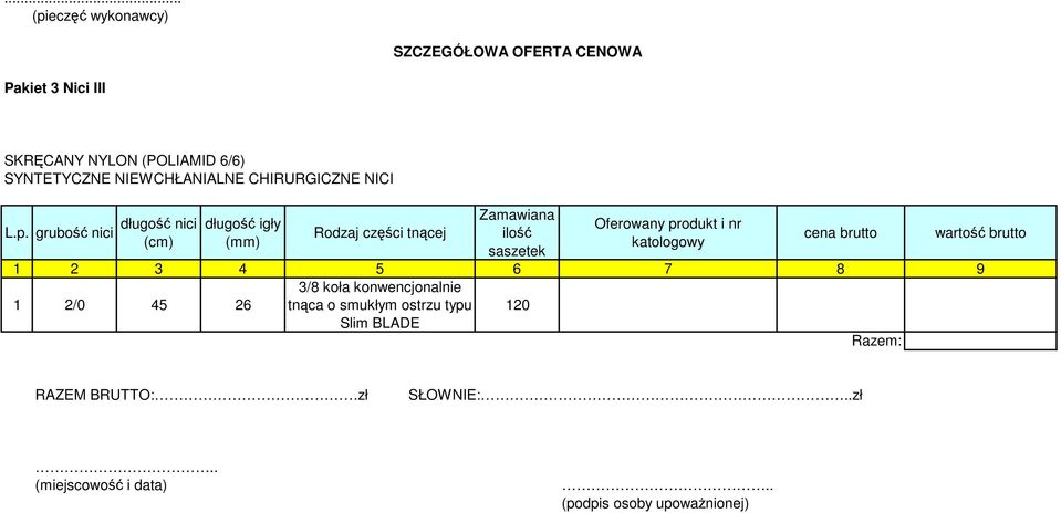 grubość nici długość nici (cm) długość igły (mm) Rodzaj części tnącej ilość saszetek