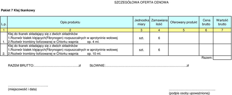 Rozrwór białek klęjących(fibrynogen) rozpuszcalnych w aprotyninie wołowej szt. 6 1. 2.