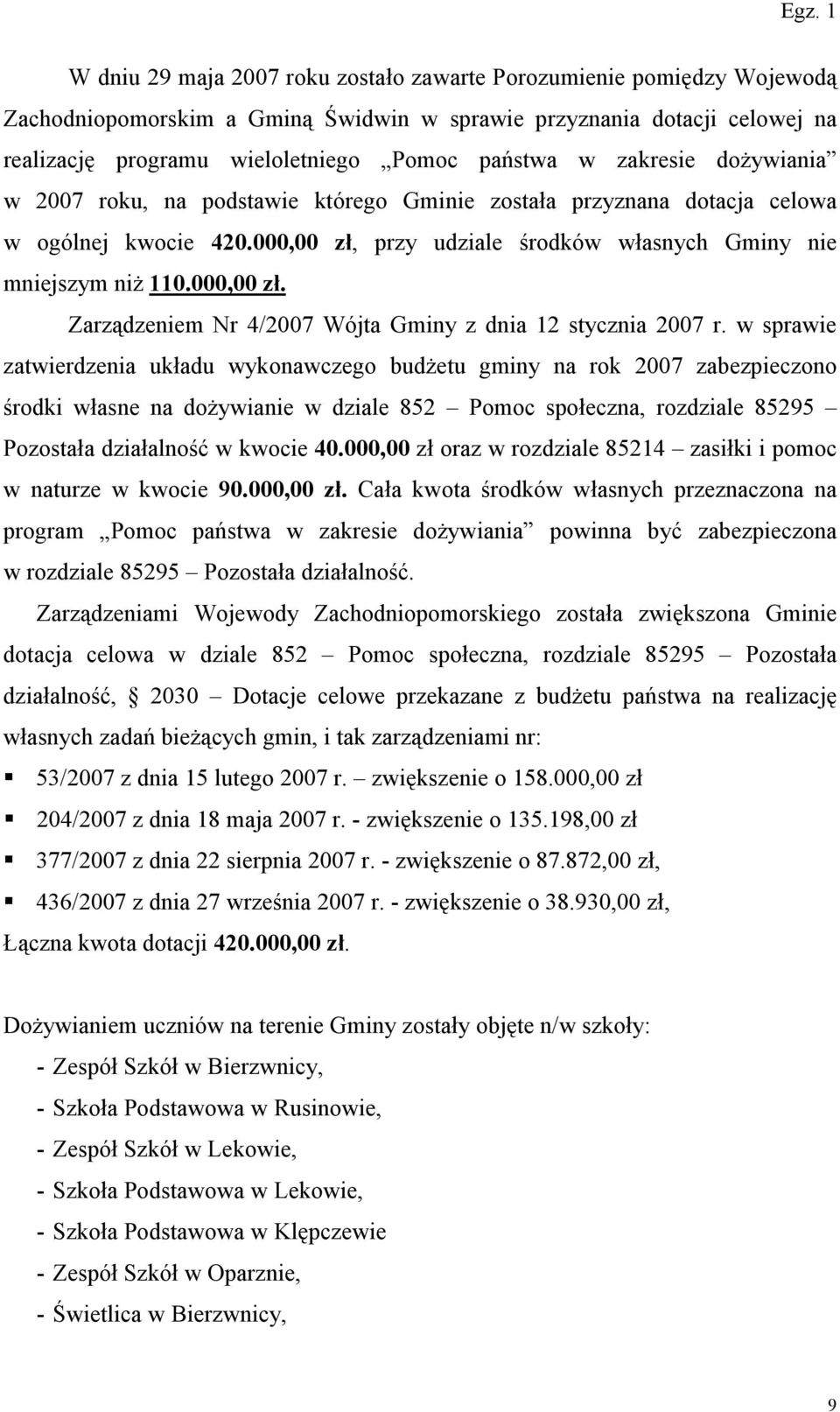 w sprawie zatwierdzenia układu wykonawczego budŝetu gminy na rok 2007 zabezpieczono środki własne na doŝywianie w dziale 852 Pomoc społeczna, rozdziale 85295 Pozostała działalność w kwocie 40.