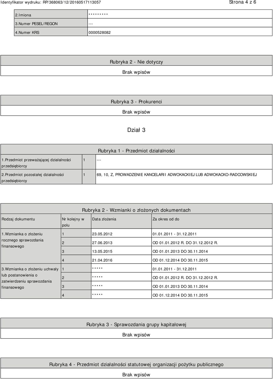 Przedmiot pozostałej działalności przedsiębiorcy 1 --- 1 69, 10, Z, PROWADZE KANCELARII ADWOKACKIEJ LUB ADWOKACKO-RADCOWSKIEJ Rubryka 2 - Wzmianki o złożonych dokumentach Rodzaj dokumentu Nr kolejny