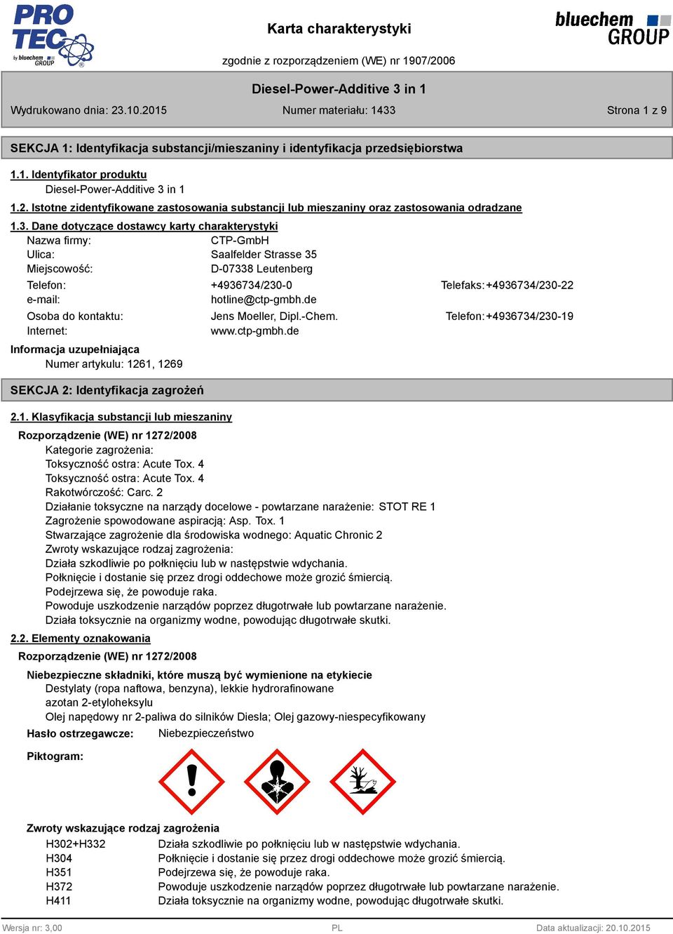 Dane dotyczące dostawcy karty charakterystyki Nazwa firmy: CTP-GmbH Ulica: Saalfelder Strasse 35 Miejscowość: D-07338 Leutenberg Telefon: +4936734/230-0 Telefaks: +4936734/230-22 e-mail: