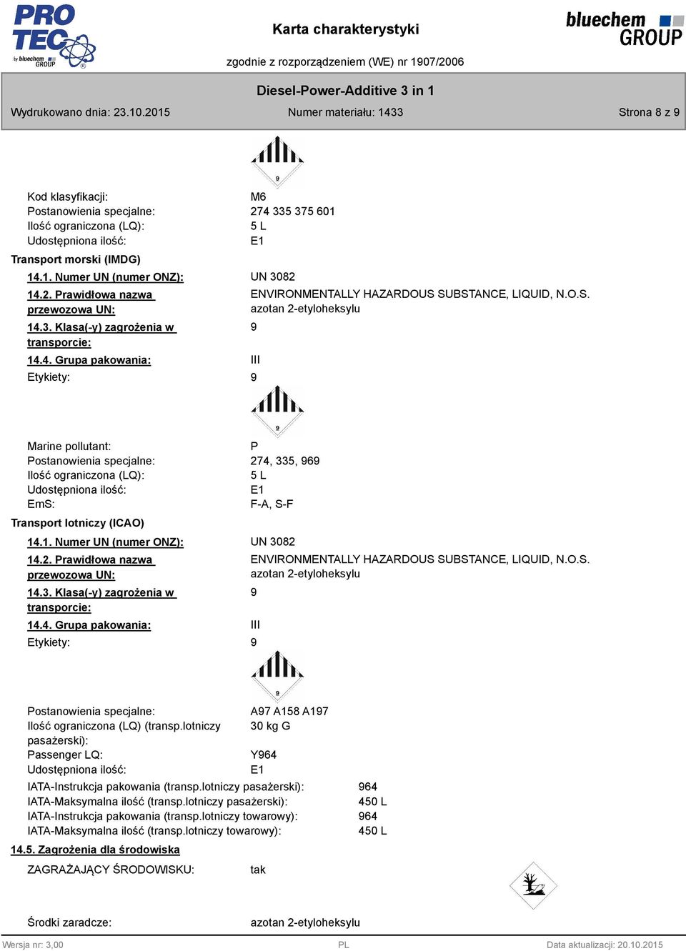 SUBSTANCE, LIQUID, N.O.S. 9 Marine pollutant: Postanowienia specjalne: Ilość ograniczona (LQ): Udostępniona ilość: EmS: Transport lotniczy (ICAO) P 274, 335, 969 5 L E1 