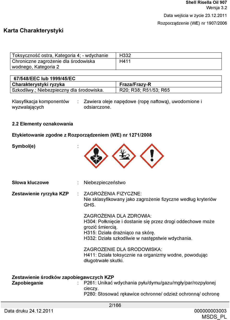 2 Elementy oznakowania Etykietowanie zgodne z Rozporządzeniem (WE) nr 1271/2008 Symbol(e) : Słowa kluczowe : Niebezpieczeństwo Zestawienie ryrzyka KZP : ZAGROŻENIA FIZYCZNE: Nie sklasyfikowany jako