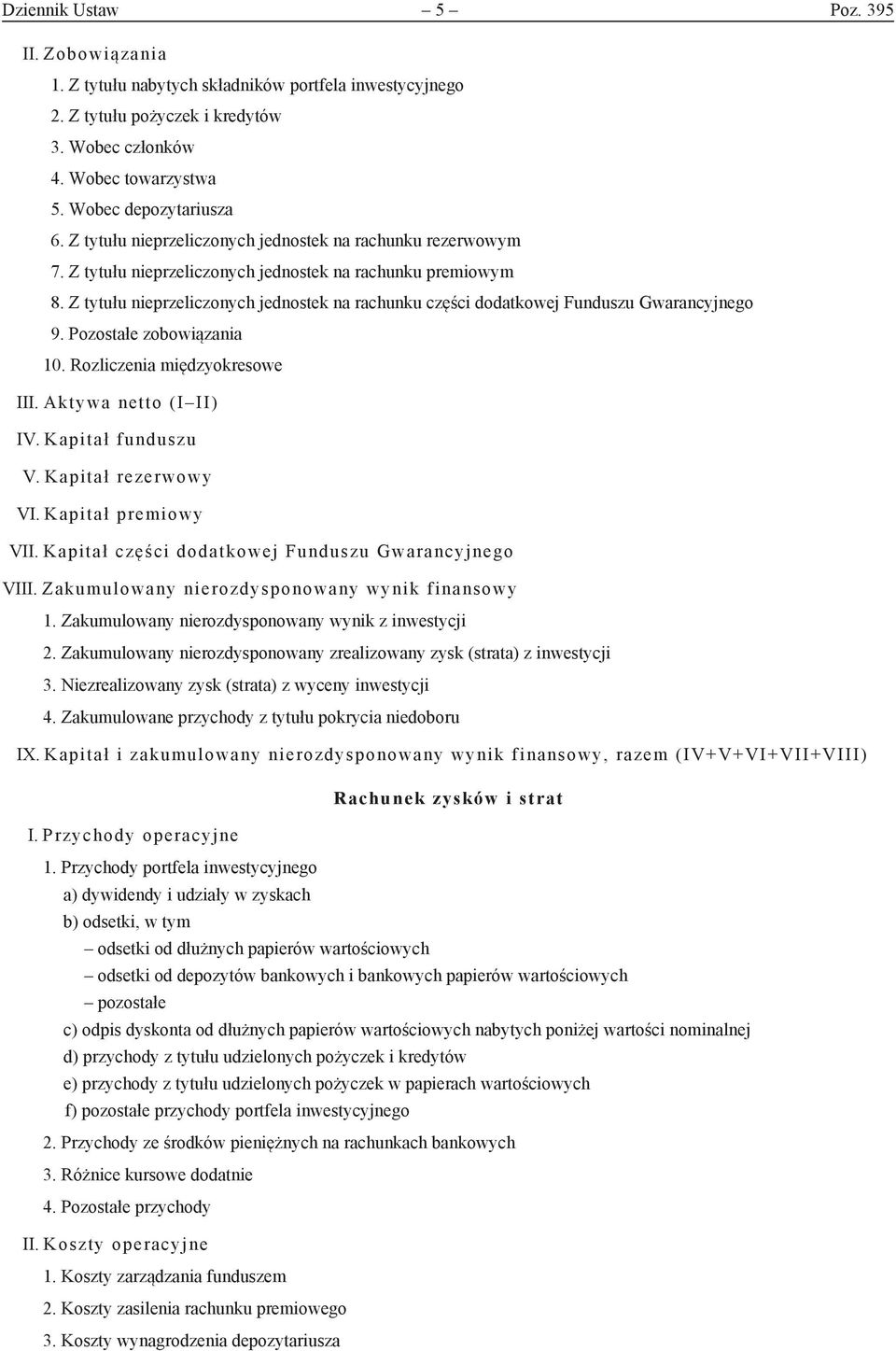 Z tytułu nieprzeliczonych jednostek na rachunku części dodatkowej Funduszu Gwarancyjnego 9. Pozostałe zobowiązania 10. Rozliczenia międzyokresowe III. Aktywa netto (I II) IV. Kapitał funduszu V.