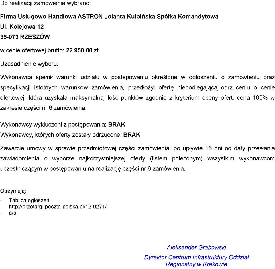 Wykonawcy, których zostały odrzucone: BRAK Zawarcie umowy w sprawie przedmiotowej części zamówienia: po upływie 15 dni od daty przesłania zawiadomienia o