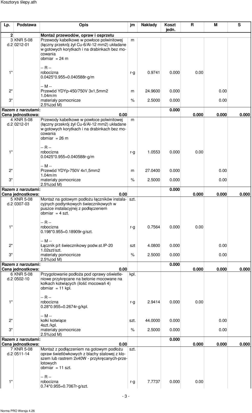 9600 0.000 0.00 1.04/ 4 KNR 5-08 d.2 0212-01 Przewody kabelkowe w powłoce polwinitowej (łączny przekrój żył Cu-6/Al-12 2) układane w gotowych korytkach i na drabinkach bez ocowania obiar = 26 0.